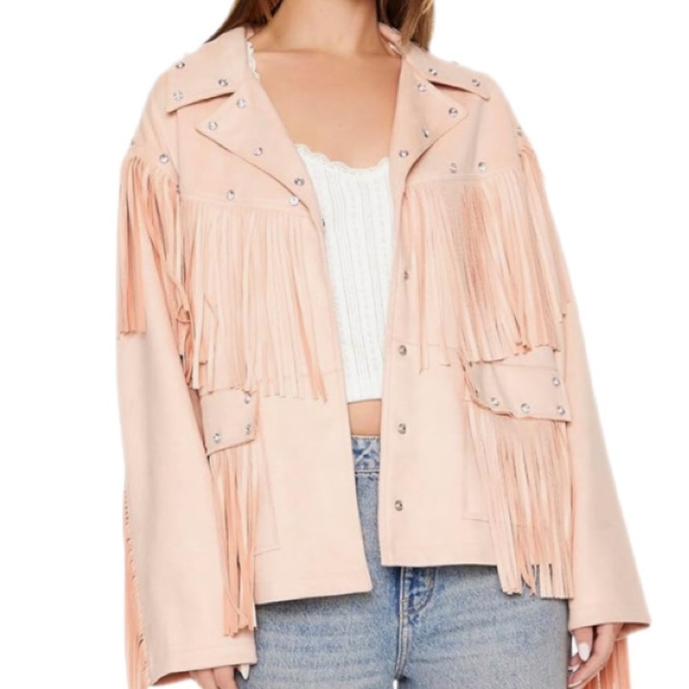 Forever 21 Pink Leather Fringe Gem Jacket Faux Leather and Gemstones Medium - Picture 6 of 6